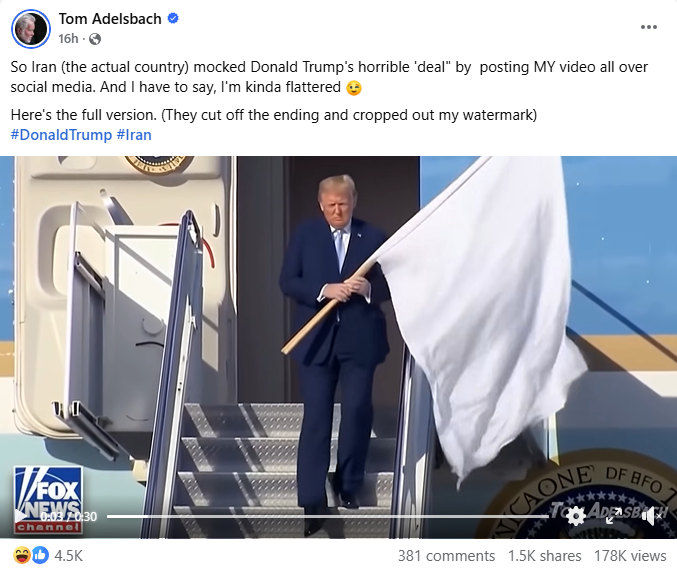 لقطة من الفيديو المنشور في حساب Tom Adelsbach في الفايسبوك في 8 نيسان 2026