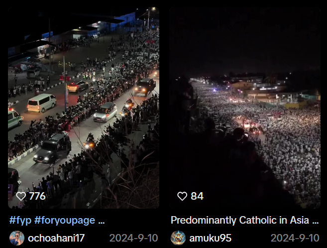 لقطتي شاشة من فيديوهين لزيارة البابا لتيمور الشرقية عام 2024 (تيك توك)