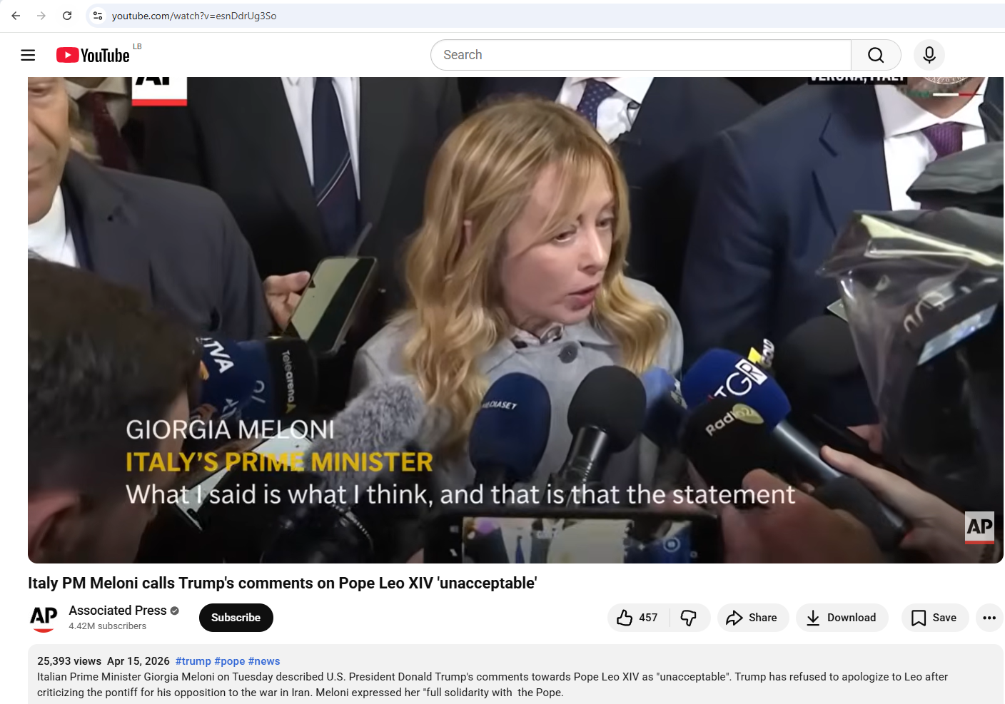 لقطة من الفيديو المنشور في حساب وكالة اسوشيتد برس في يوتيوب، في 15 نيسان 2026