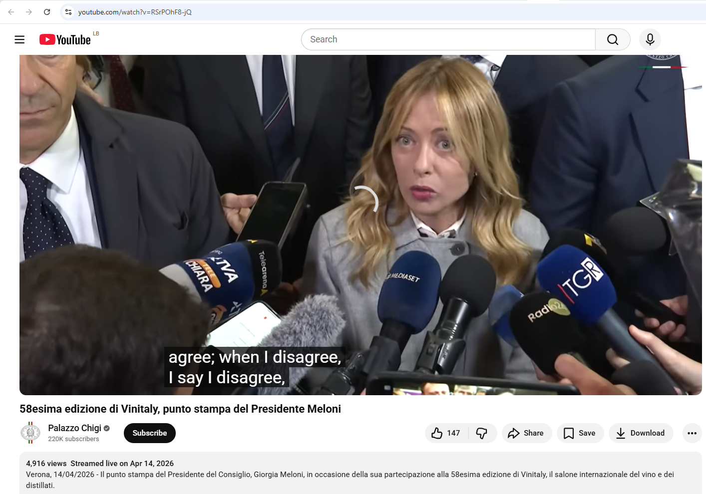 لقطة من الفيديو المنشور في حساب رئاسة الوزراء الايطالية في يوتيوب، في 14 نيسان 2026