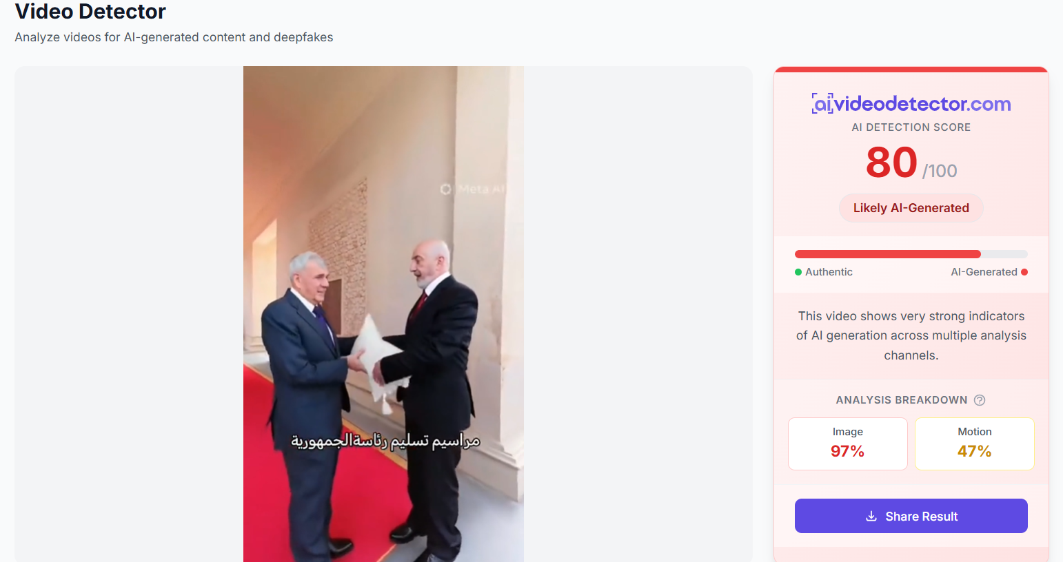 نتيجة فحص الفيديو بواسطة أداة aivideodetector
