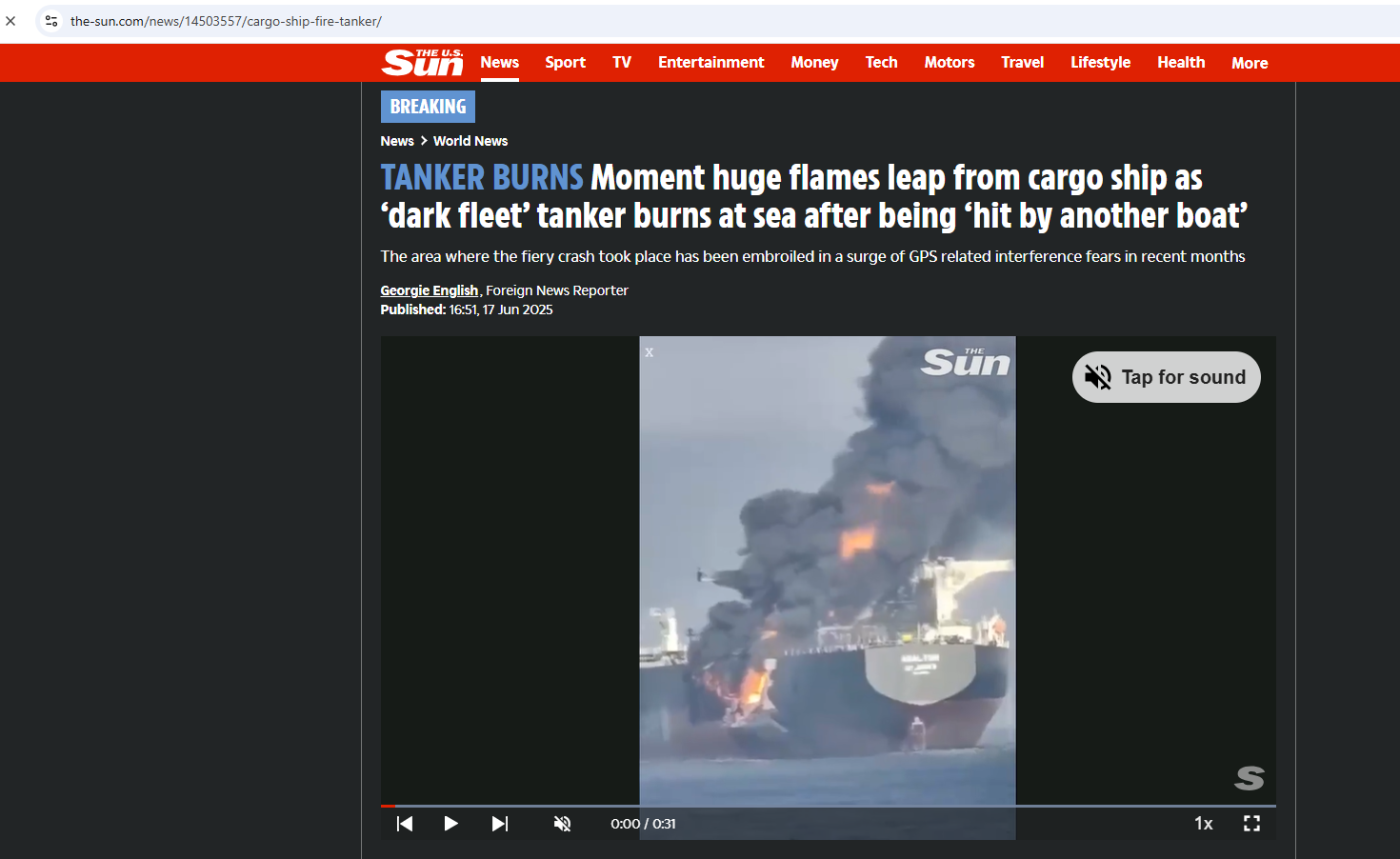 لقطة من الفيديو المنشور في موقع The Sun في 17 حزيران 2025