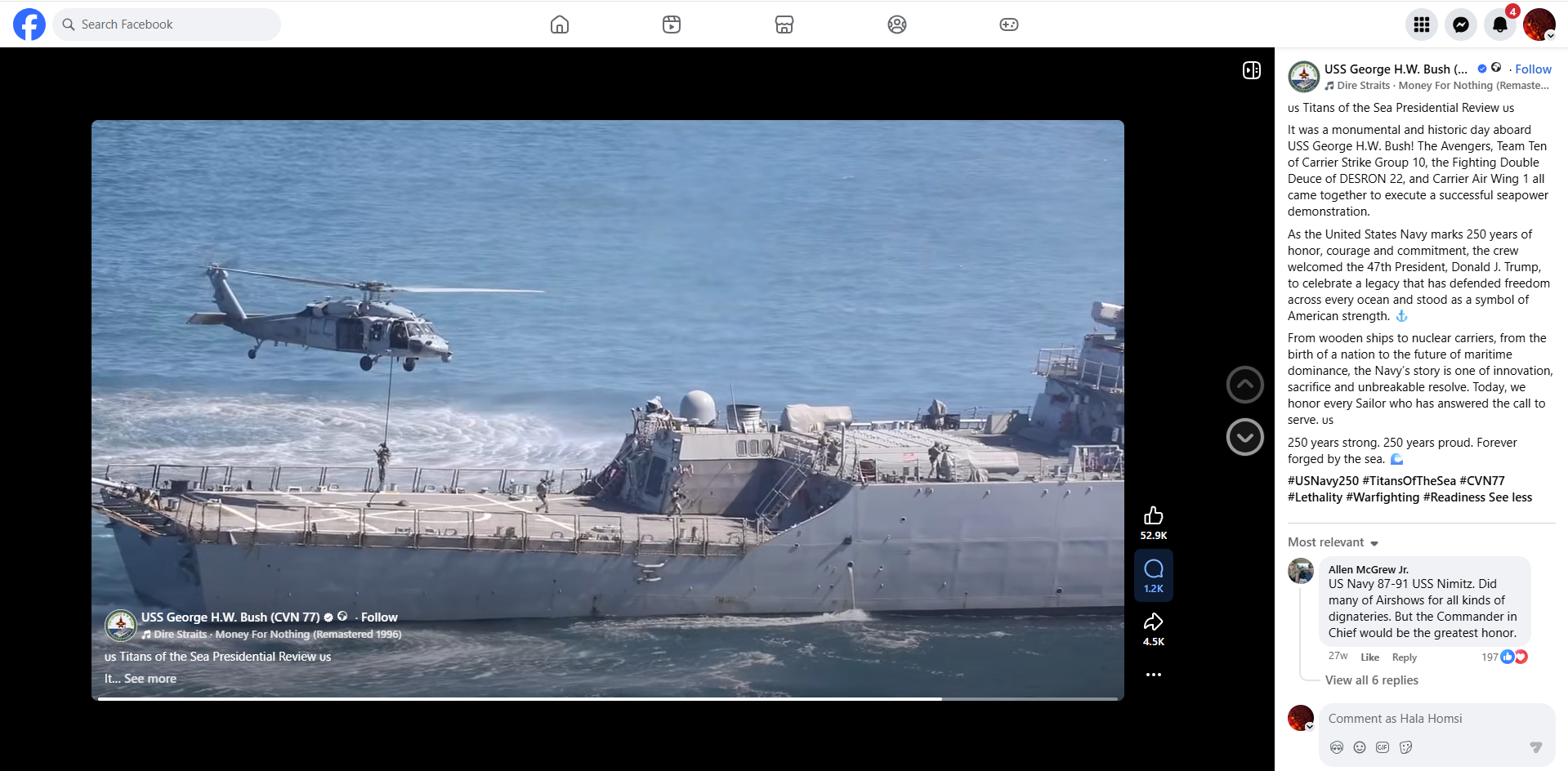 لقطة من الفيديو المنشور في صفحة حاملة الطائرات جورج إتش دبليو بوش في صفحتها في الفايسبوك