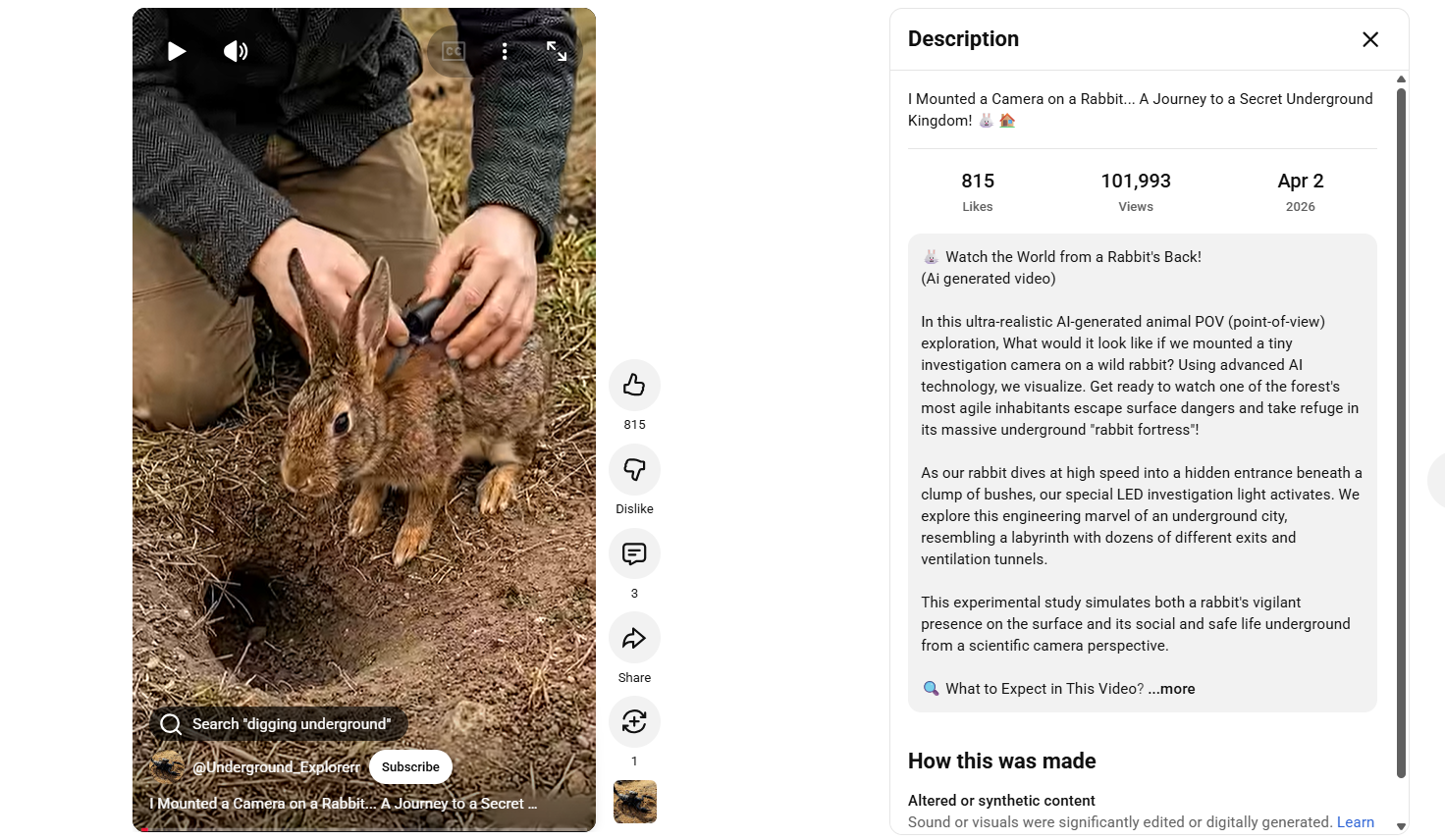 لقطة من الفيديو المنشور في حساب Underground Explorer في يوتيوب، في 2 نيسان 2026 