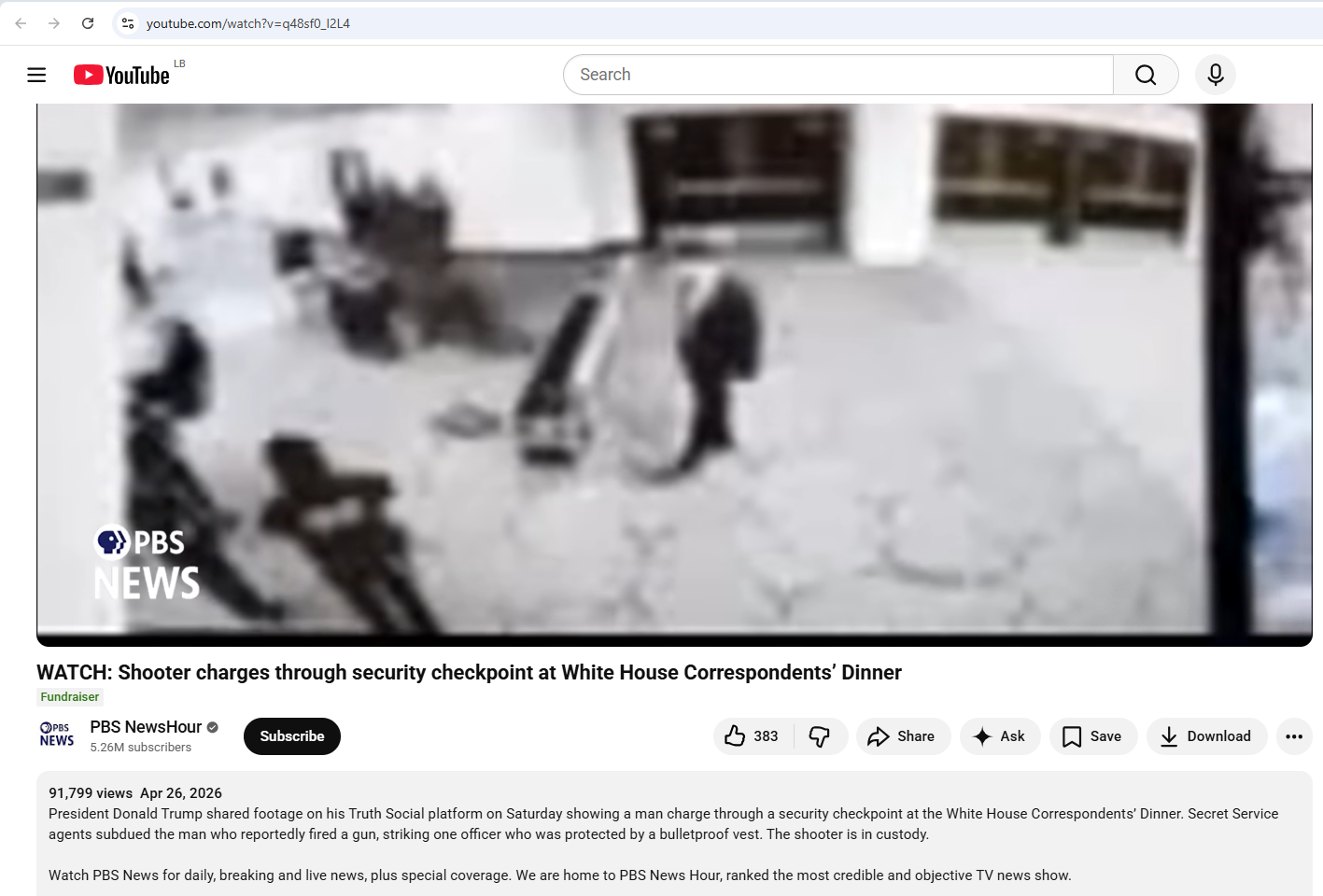 لقطة من الفيديو المنشور في حساب PBS NewsHour في يوتيوب، في 26 نيسان 2026