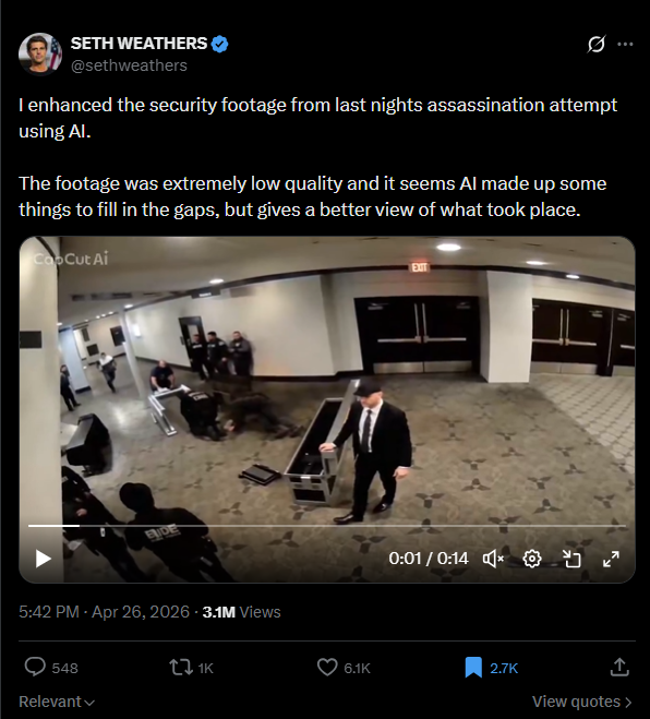 لقطة من الفيديو المنشور في حساب سث ويذرز في اكس، في 26 نيسان 2026