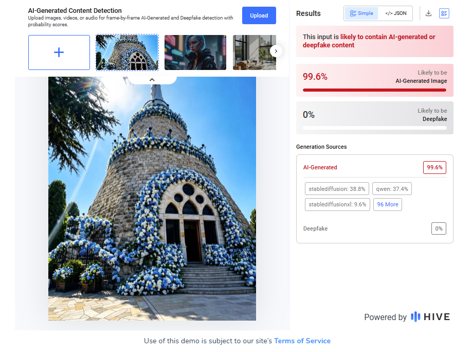 نتيجة فحص الفيديو في موقع Hive Moderation
