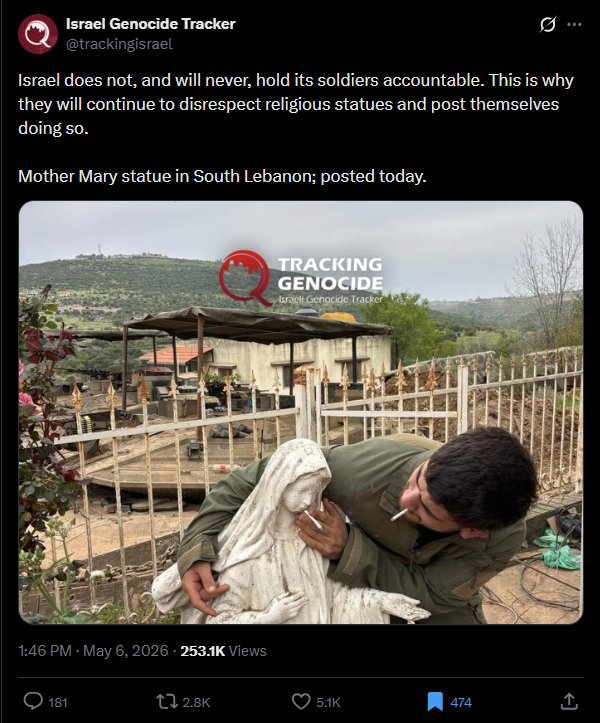 صورة الجندي منشورة في حساب Israel Genocide Tracker في 6 ايار 2026