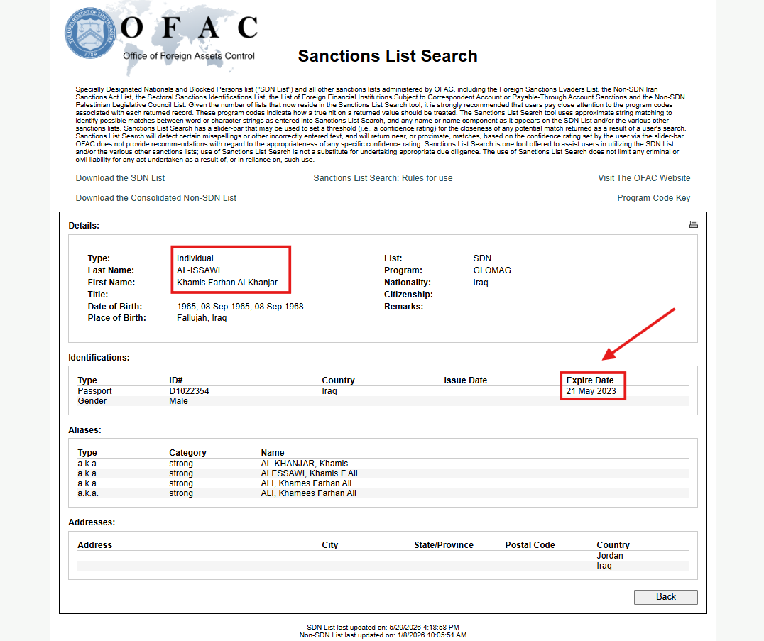لقطة شاشة لوثيقة مكتب مراقبة الأصول الأجنبية (OFAC)