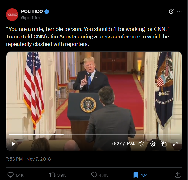 لقطة من الفيديو المنشور في حساب Politico في اكس في 7 تشرين الثاني 2018