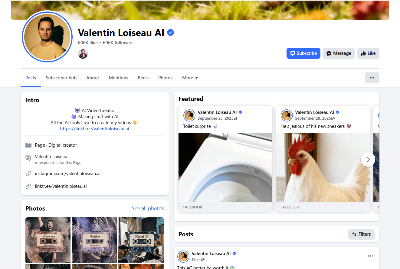 لقطة لحساب Valentin Loiseau AI في الفايسبوك