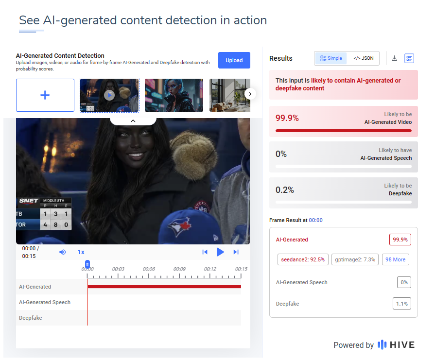 نتيجة فحص الفيديو في موقع Hive Moderation