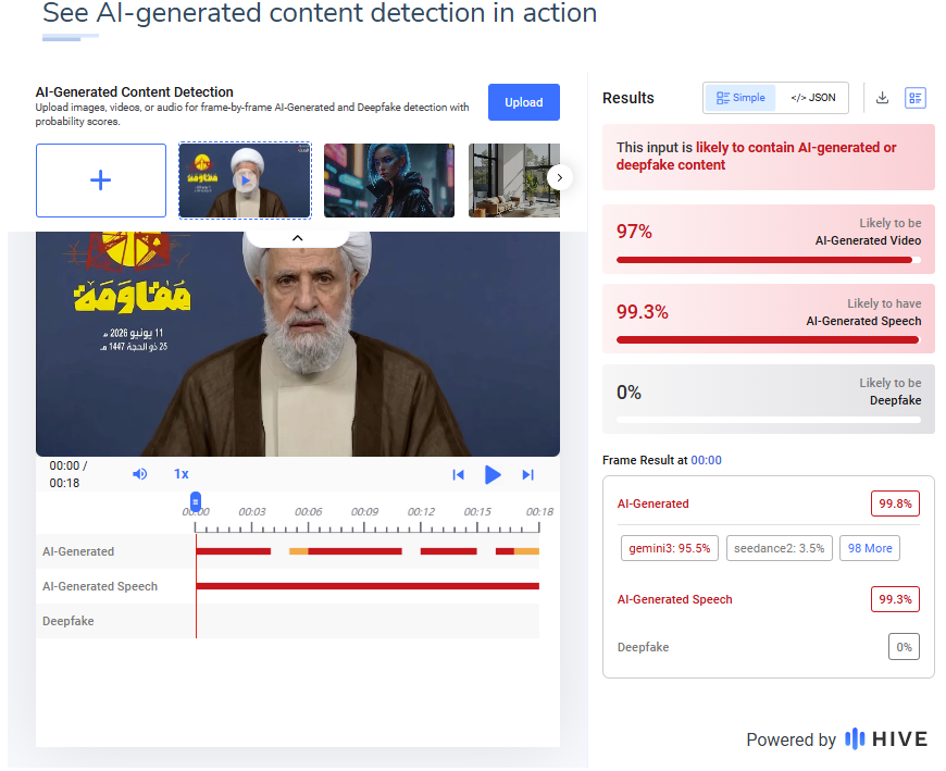 نتيجة فحص الفيديو في موقع Hive Moderation