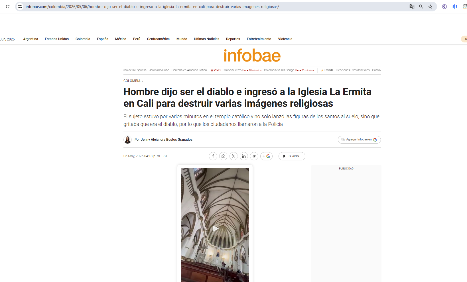 لقطة للتقرير المنشور في موقع Infobae في 6 ايار 2026