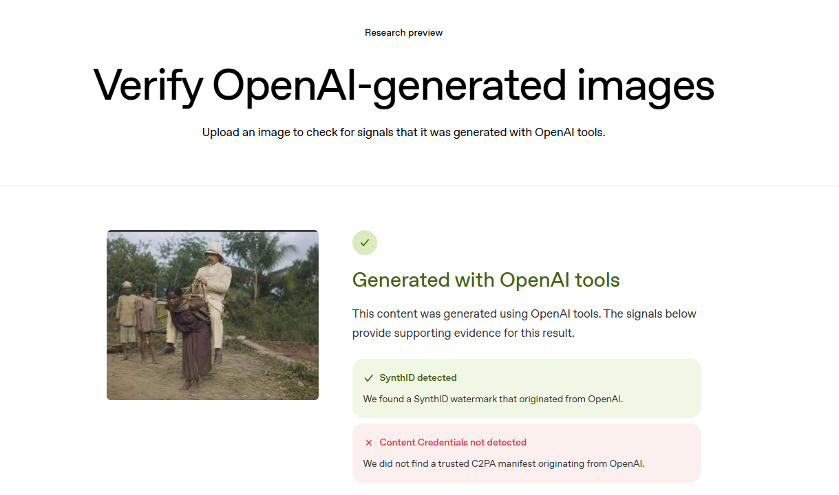 نتيجة فحص الصورة بواسطة أداة OpenAI للتحقق