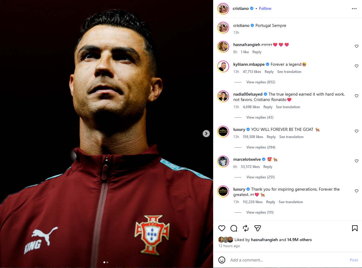 الصورة التي نشرها رونالدو في حسابه في انستغرام في 8 تموز 2026