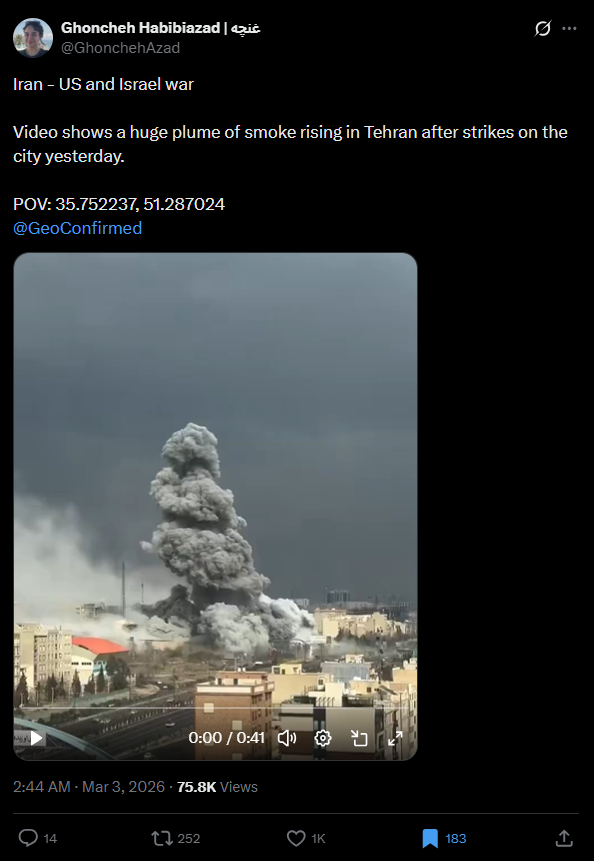 لقطة من الفيديو المنشور في حساب الصحافية في بي بي سي بالفارسية غونشيه حبيبي آزاد في اكس، في 3 آذار 2026
