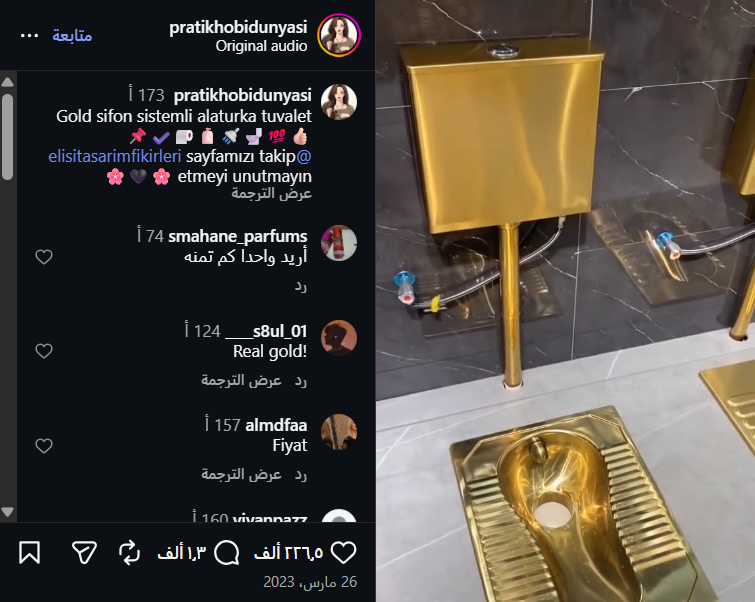 لقطة شاشة من فيديو مشابه يظهر المرحاض الذهبي (إنستغرام)