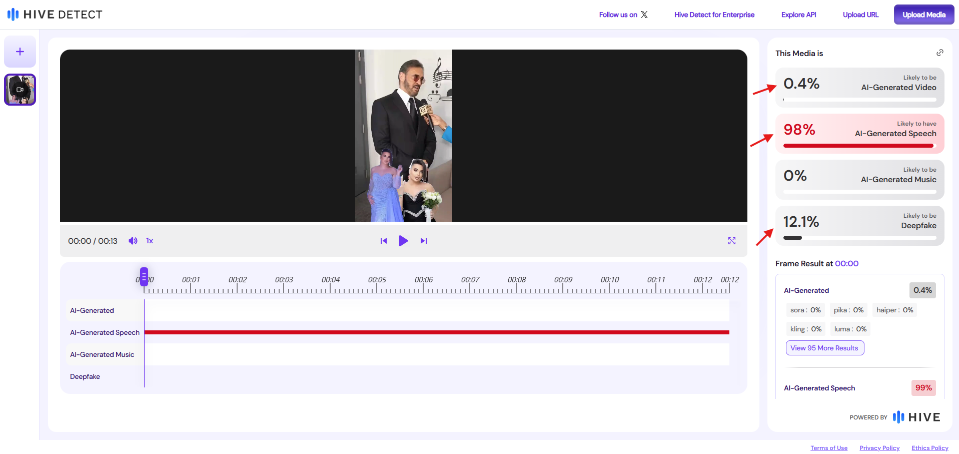 لقطة شاشة لنتيجة تحليل أداة Hive moderation