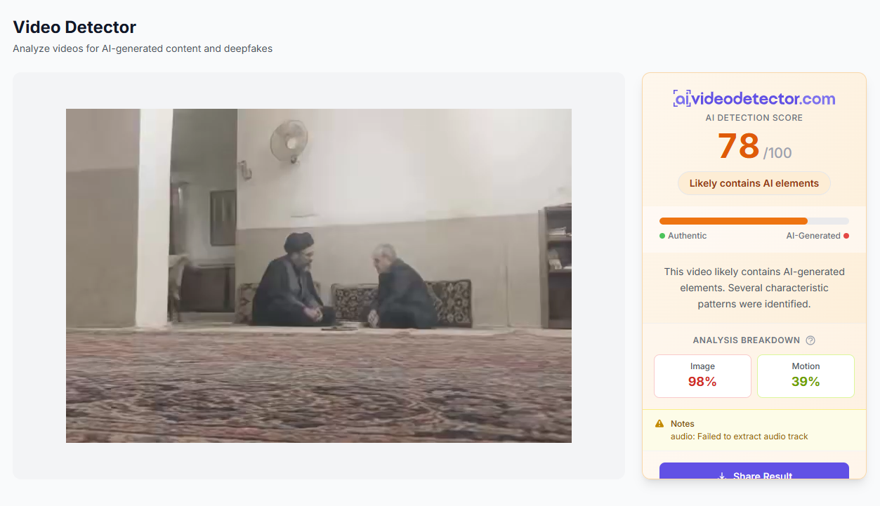 نتيجة فحص الفيديو في موقع aivideodetector