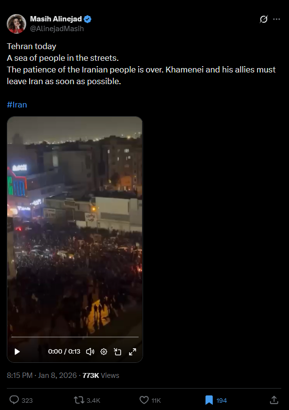 لقطة من الفيديو المنشور في حساب AlinejadMasih@ في اكس في 8 كانون الثاني 2026