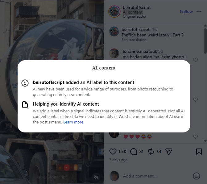 علامة AI الرقمية التي أرفقها حساب Beirut Offscript بالفيديو 