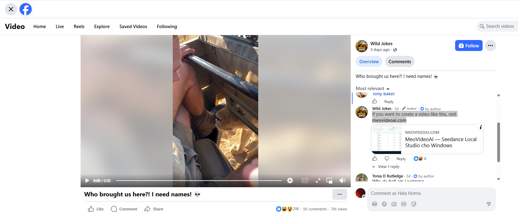 لقطة من الفيديو المنشور في صفحة Wild Jokes في الفايسبوك، في 20 ايلول 2026