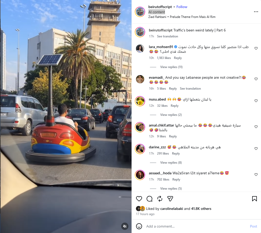 لقطة من الفيديو المنشور في حساب beirutoffscript@ في انستغرام في 28 ايلول 2026. وبدت العلامة AI الرقمية مرفقة به.