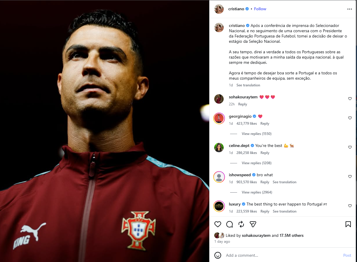 منشور رونالدو في انستغرام (30 ايلول 2026)