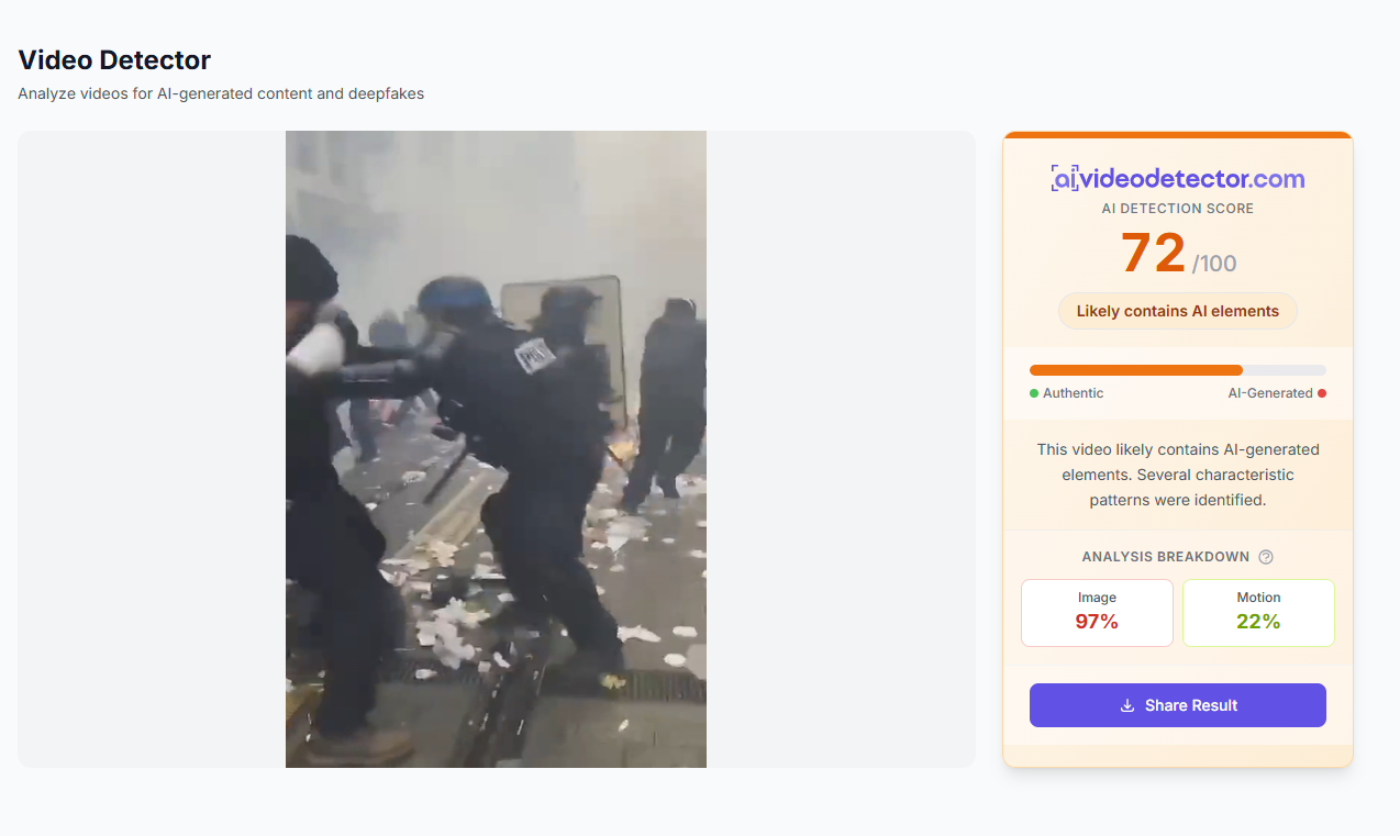 نتيجة فحص الفيديو في موقع aivideodetector
