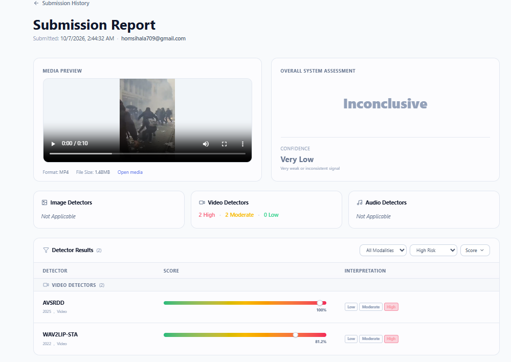 نتيجة تحليل الفيديو بواسطة برنامج DeepFake-O-Meter