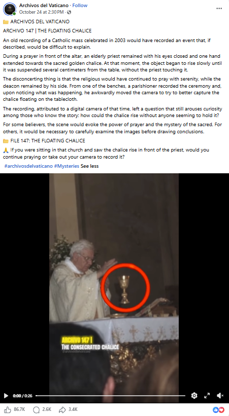 لقطةمن الفيديو المنشور في صفحة Archivos del Vaticano في الفايسبوك في 24 تشرين الاول 2026