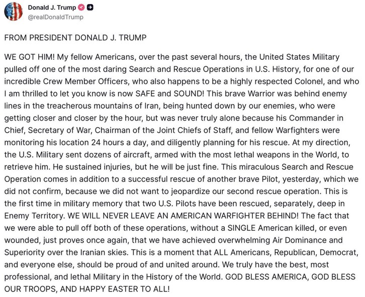 إعلان الرئيس الأميركي دونالد ترامب عن إيجاد الطيار الأميركي المفقود في إيران (تروث سوشال)