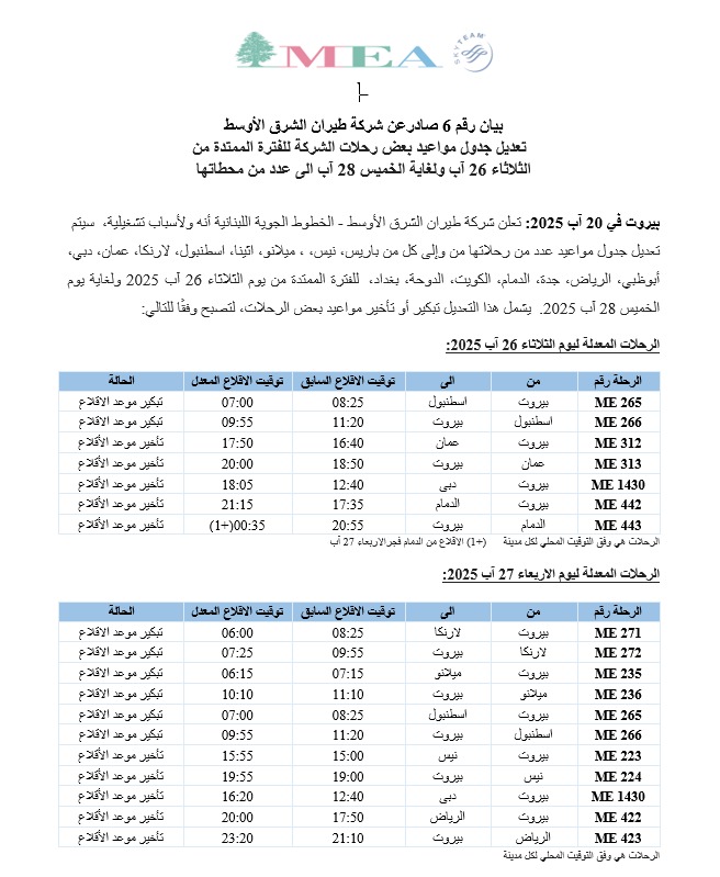 جدول تعديل الرحلات (طيران الشرق الأوسط)