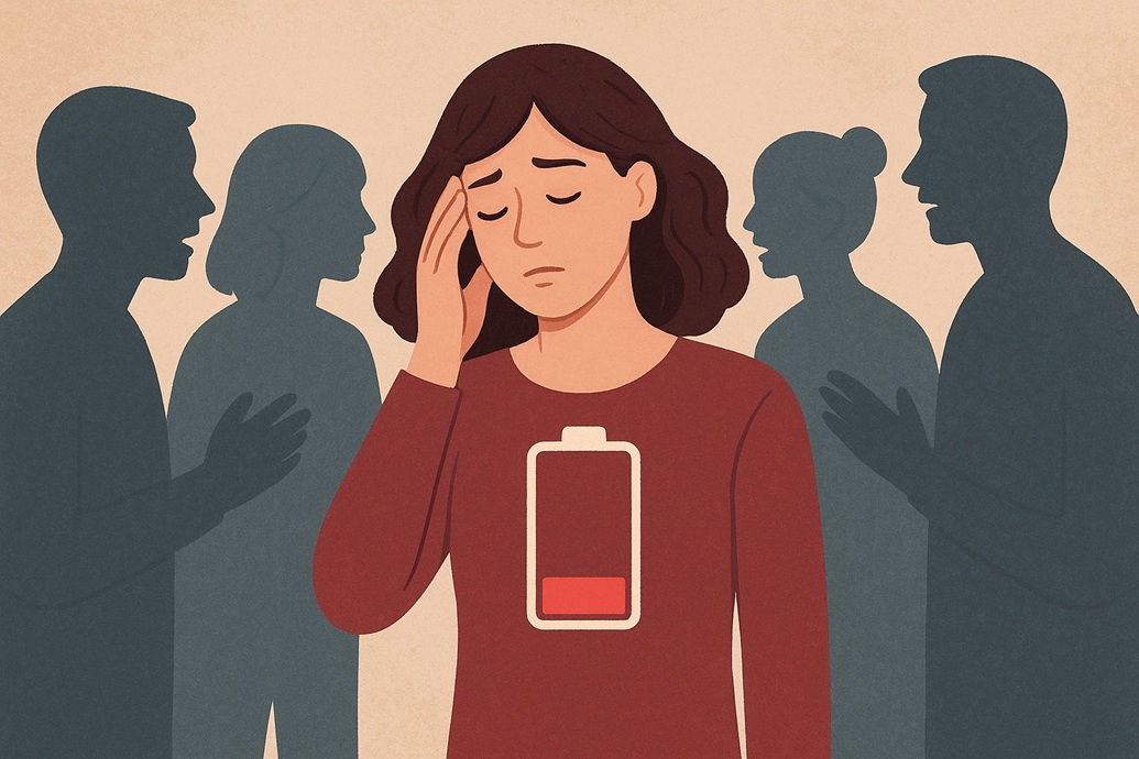 امرأة وصلت بطاريتها الاجتماعية للصفر (صورة مولّدة بالذكاء الاصطناعي)