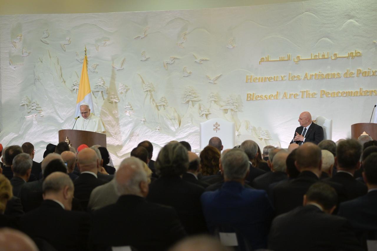 البابا لاوون خلال إلقاء كلمة في قصر بعبدا (تصوير نبيل إسماعيل).