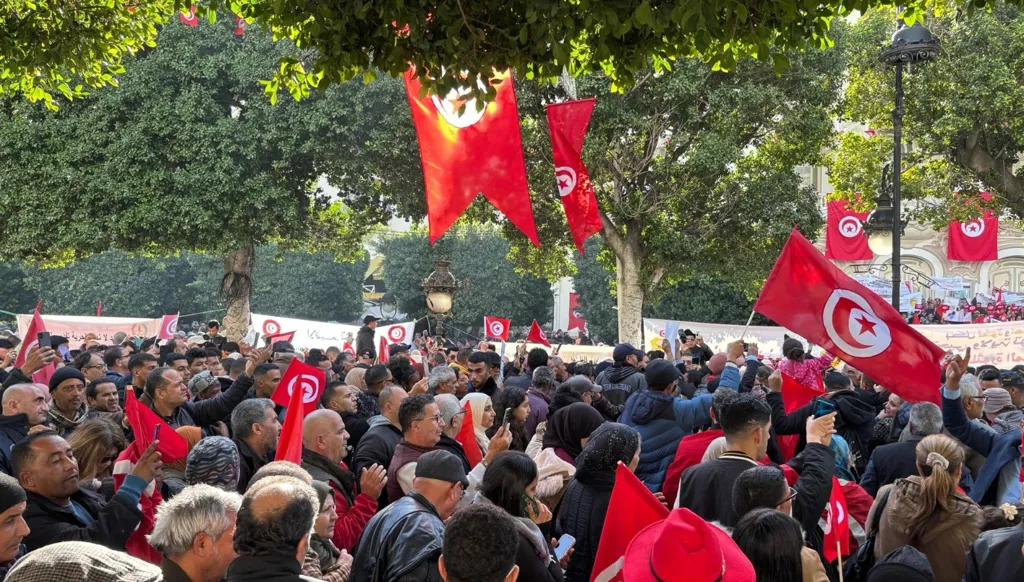 أنصار سعيد يتظاهرون احتفاءً بعيد الثورة... عقد ونصف من الانقسام في تونس