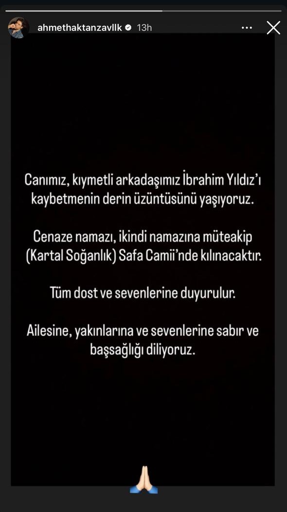 الممثل التركي أحمد حكتان زافلاك ينعى زميله الممثل إبراهيم بلدز (إنستغرام).