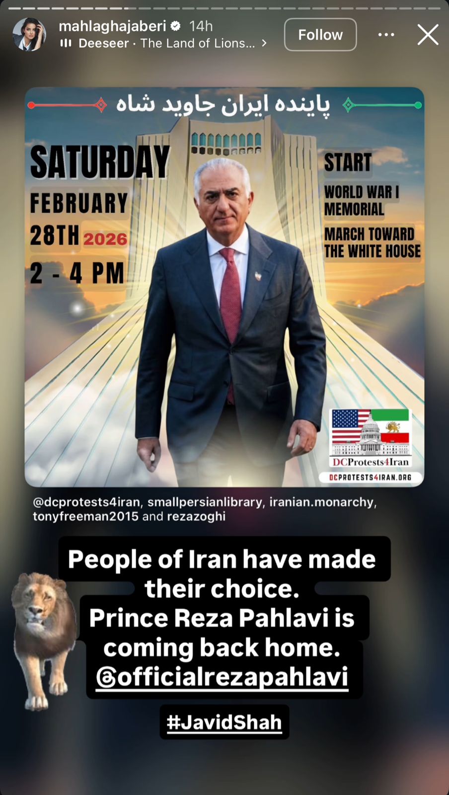 مهلاغا جابري تتطالب عودة رضا بهلوي إلى إيران (إنستغرام).