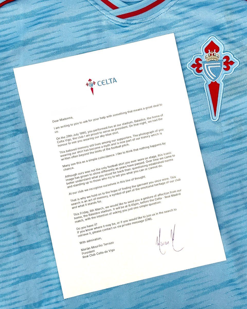 رسالة رئيسة نادي سلتا فيغو ماريان موريّنو إلى مادونا. (وكالات)