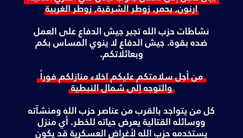 إنذار إسرائيلي إلى سكان 4 بلدات جنوبية