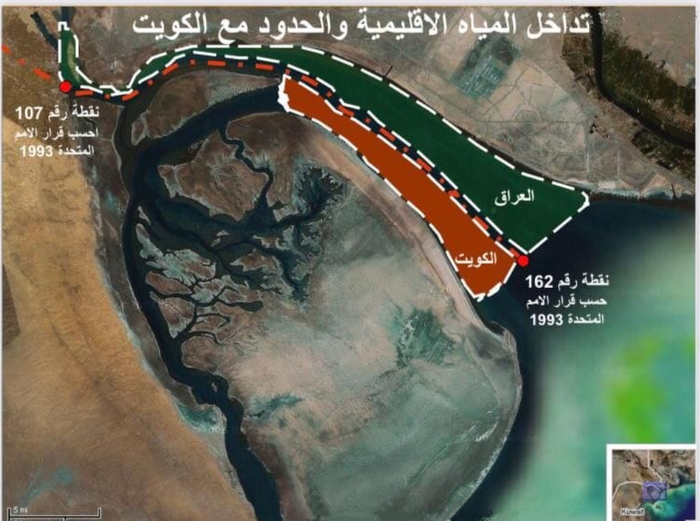 خريطة توضح تداخل الحدود البحرية بين العراق والكويت.