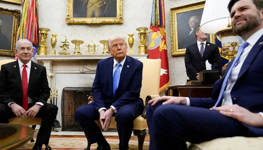 US President Donald Trump and Vice President JD Vance welcome Israeli Prime Minister Benjamin Netanyahu at the White House in Washington, February 4, 2025. (Reuters)