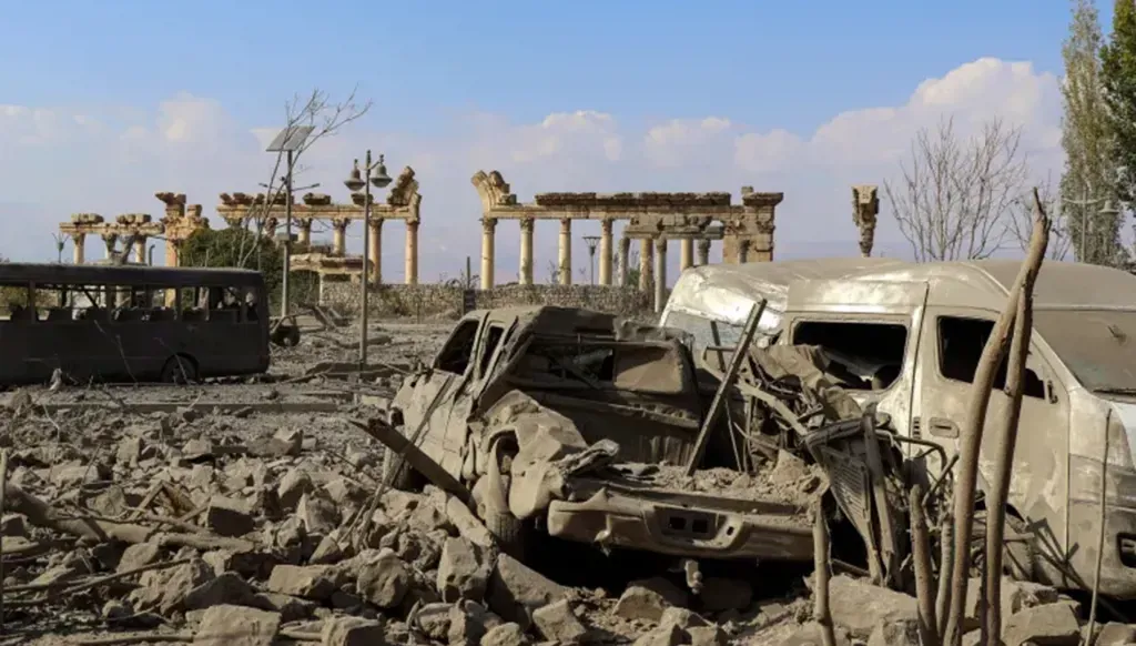 Rubble and destruction following an Israeli airstrike that targeted a historic building known as “Manshiya Baalbek,” dating back to the Ottoman era, in the eastern Bekaa Plain in Lebanon (Shutterstock).