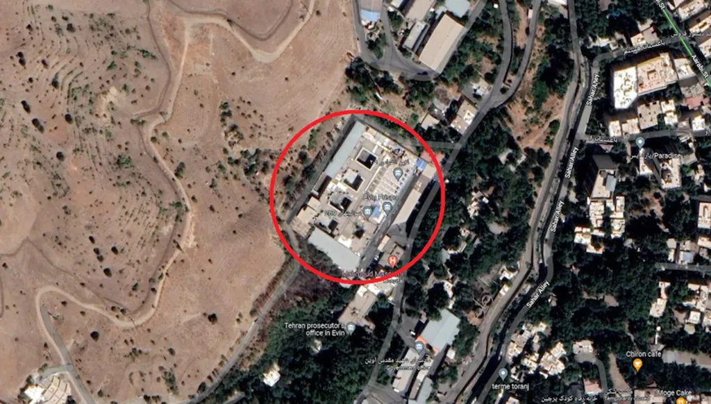 موقع سجن إيفين شمال غرب العاصمة طهران بحسب ما تُظهر خرائط Google maps