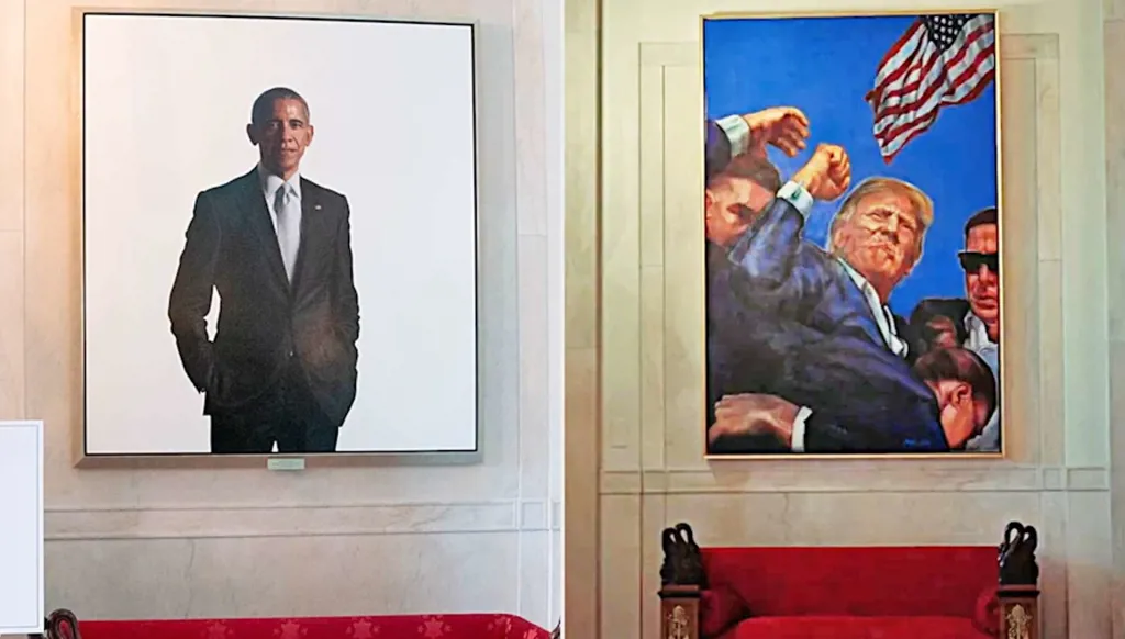 بالفيديو - ترامب يستبدل صورة أوباما في البيت الأبيض بلوحة له