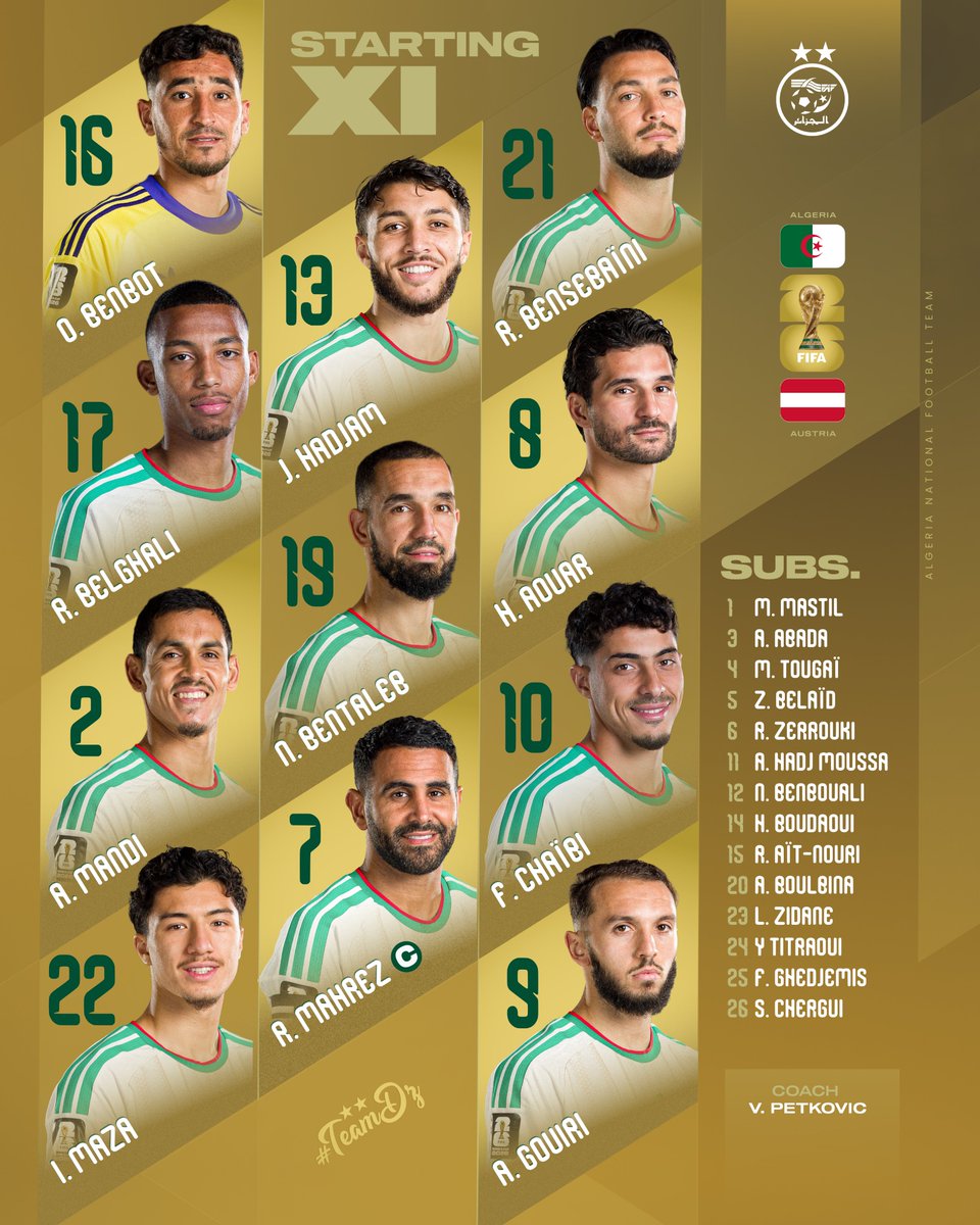 تشكيلة الجزائر الرسمية ضد النمسا في كأس العالم 2026