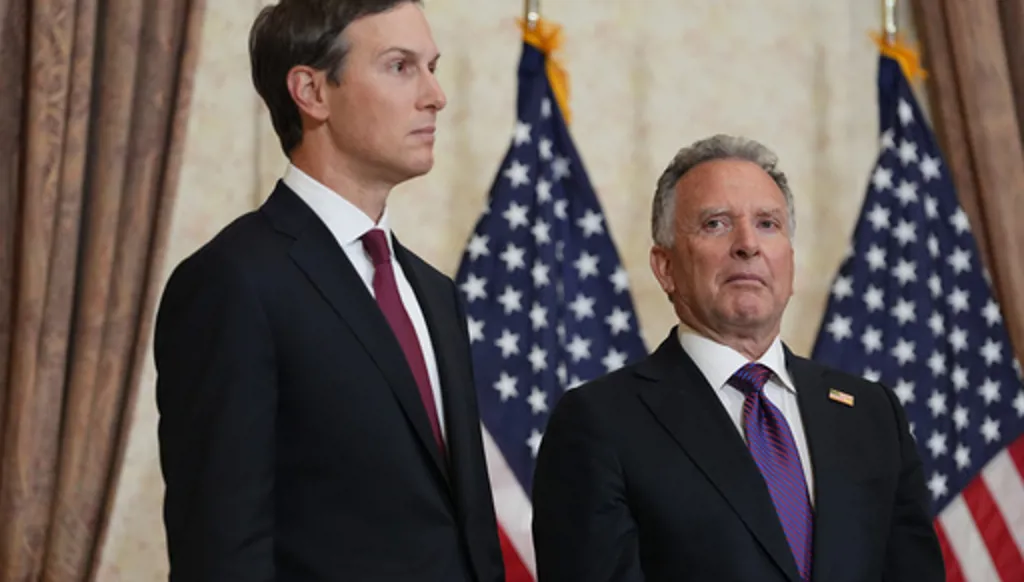 Jared Kushner, left, and Steve Witkoff, Special Envoy for Peace Missions listen as Vice President JD Vance speaks during a news conference after meeting with representatives from Pakistan and Iran, Sunday, April 12, 2026, in Islamabad, Pakistan. (AP Photo/Jacquelyn Martin, Pool)