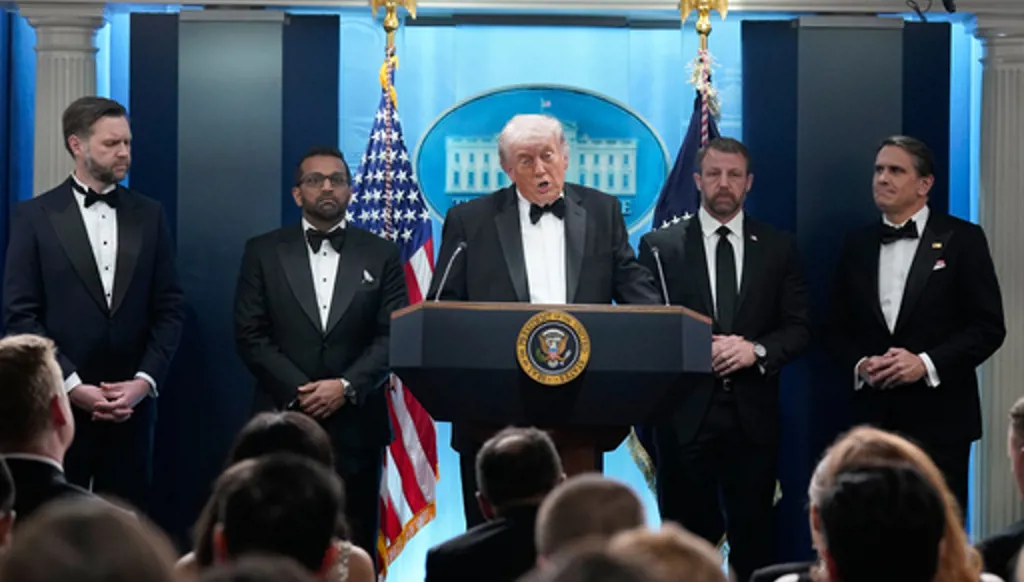 President Donald Trump speaks in the James Brady Press Briefing Room at the White House after an unspecified threat at the annual White House Correspondents' Association Dinner in Washington, Saturday, April 25, 2026, as Vice President JD Vance, FBI director Kash Patel, Homeland Security Secretary Markwayne Mullin and acting Attorney General Todd Blanche listen. (AP Photo/Jose Luis Magana)