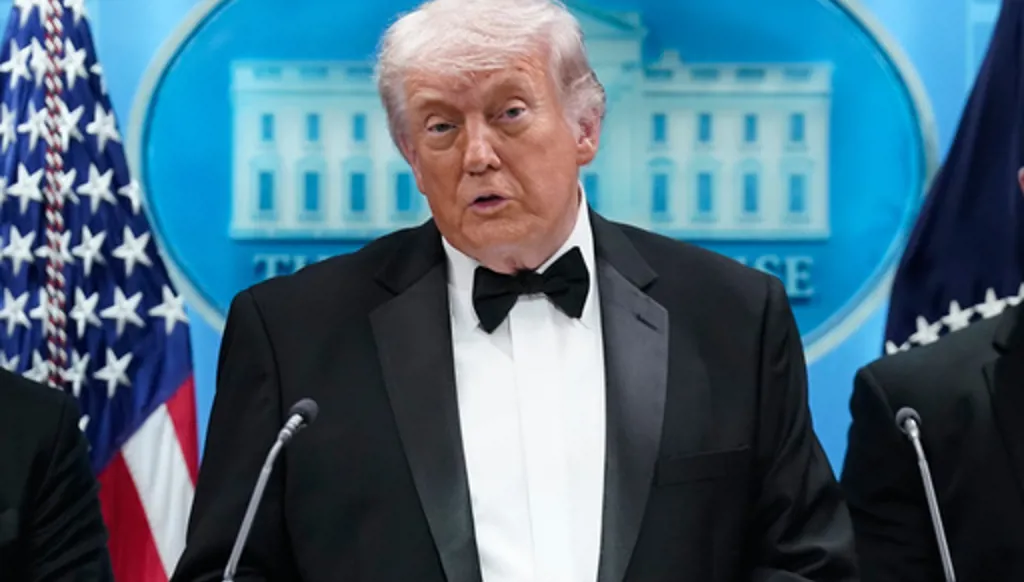 President Donald Trump speaks in the James Brady Press Briefing Room at the White House after an unspecified threat at the annual White House Correspondents' Association Dinner in Washington, Saturday, April 25, 2026. (AP Photo/Jose Luis Magana)